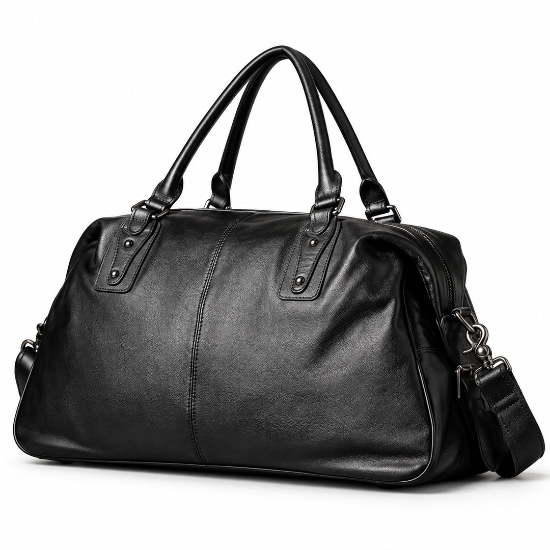 Elegant black full-grain leather duffel bag with twin handles and a stitched center seam.