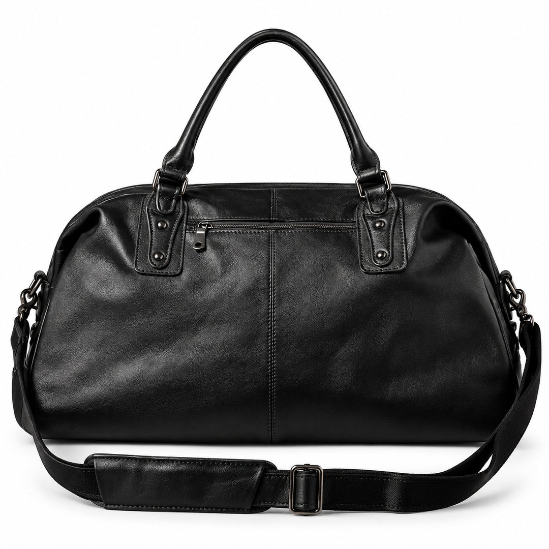 Elegant black full-grain leather duffel bag rear view with an exterior zip pocket.