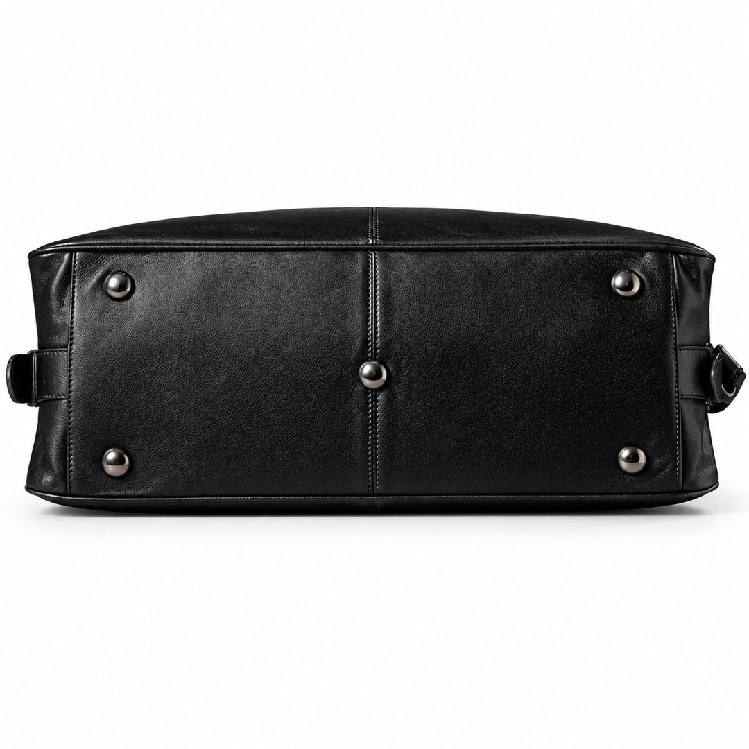 Elegant black full-grain leather duffel bag base with five protective metal feet.