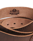 Close-up of the inner engraving on the leather belt strap, featuring the Elwards Leather logo and vintage detailing.