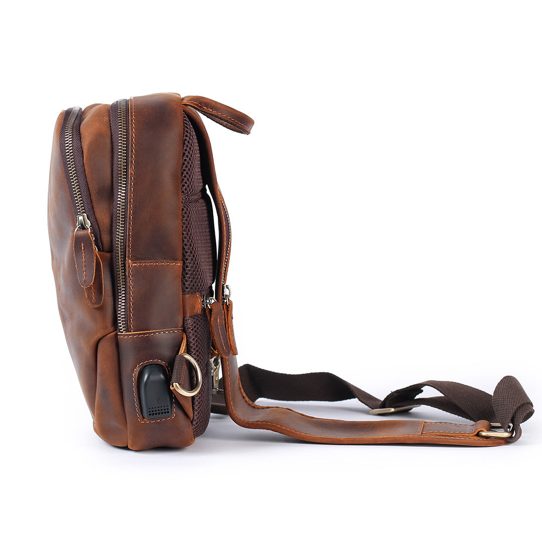 Brown leather crossbody bag for men with USB charging port