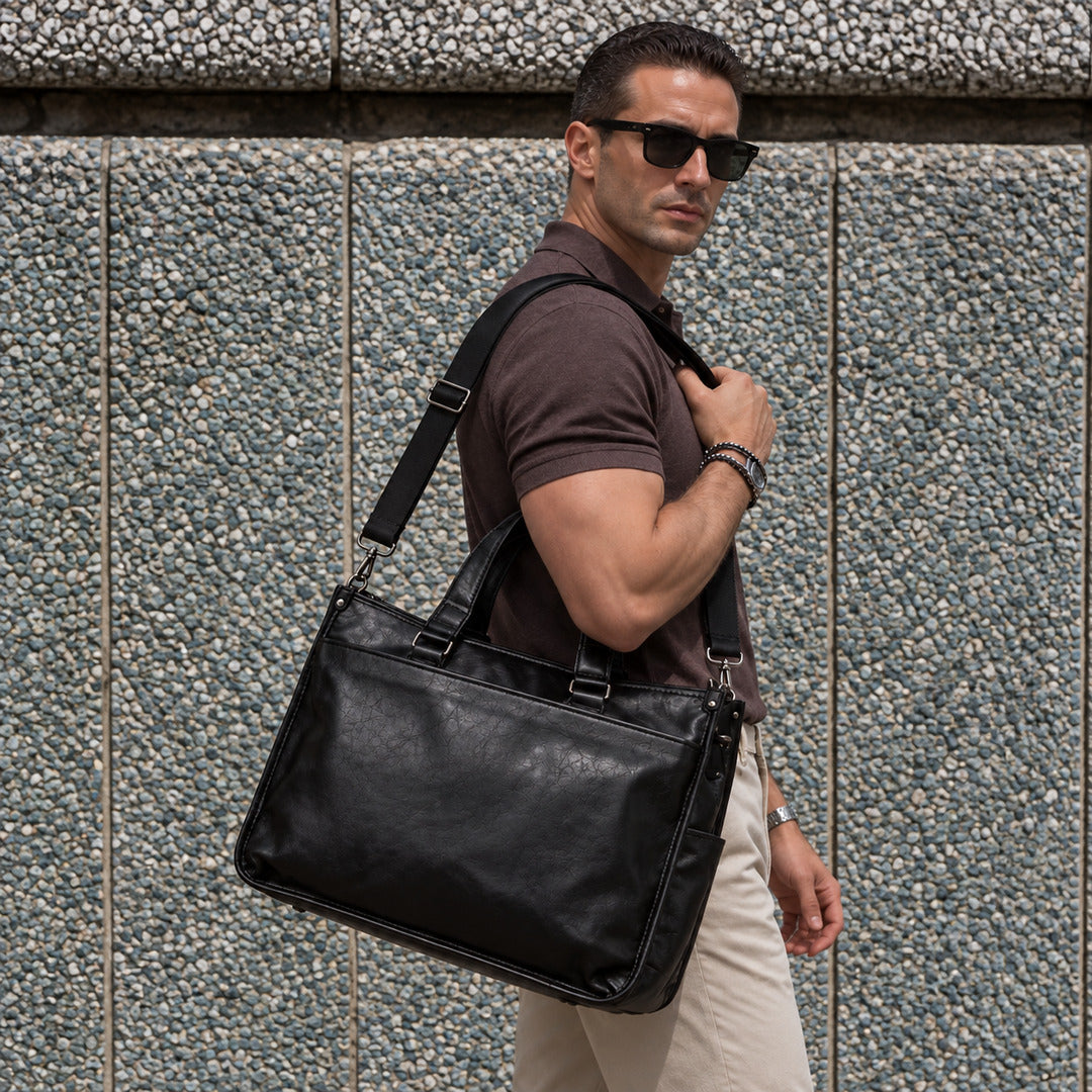 Executive black leather briefcase for men with top handles and adjustable shoulder strap for business and work
