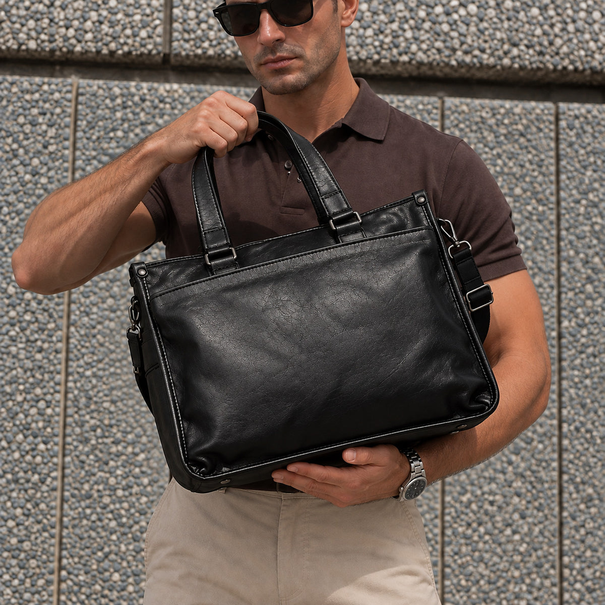Executive black leather business bag for men with top handles, shoulder strap and spacious briefcase design