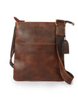 Front view of a premium brown crossbody bag with Crazy Horse leather and hand-stitching for a vintage, durable style.