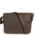 Front view of a dark brown leather messenger bag with a clean minimalist design, perfect for everyday use