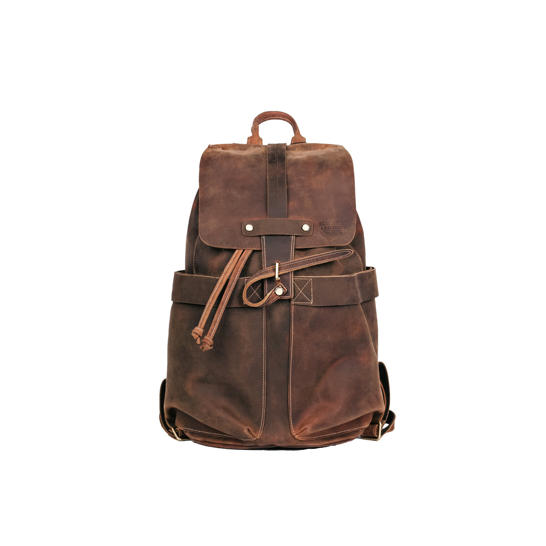 Vintage brown backpack made from Crazy Horse leather, showcasing a timeless design and durable structure.