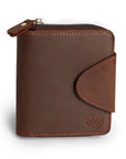 Front view of a premium leather wallet with the embossed logo and rich brown color