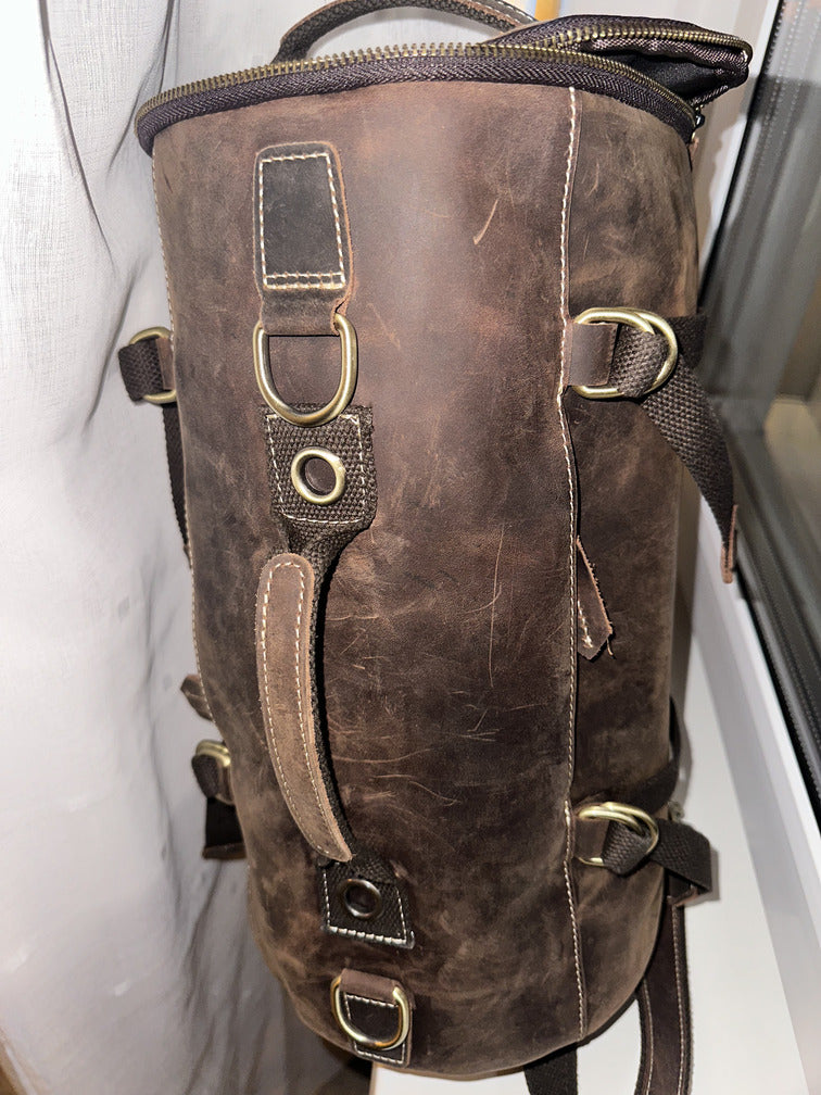 Customer review photo of a handcrafted leather backpack with premium stitching and functional design.