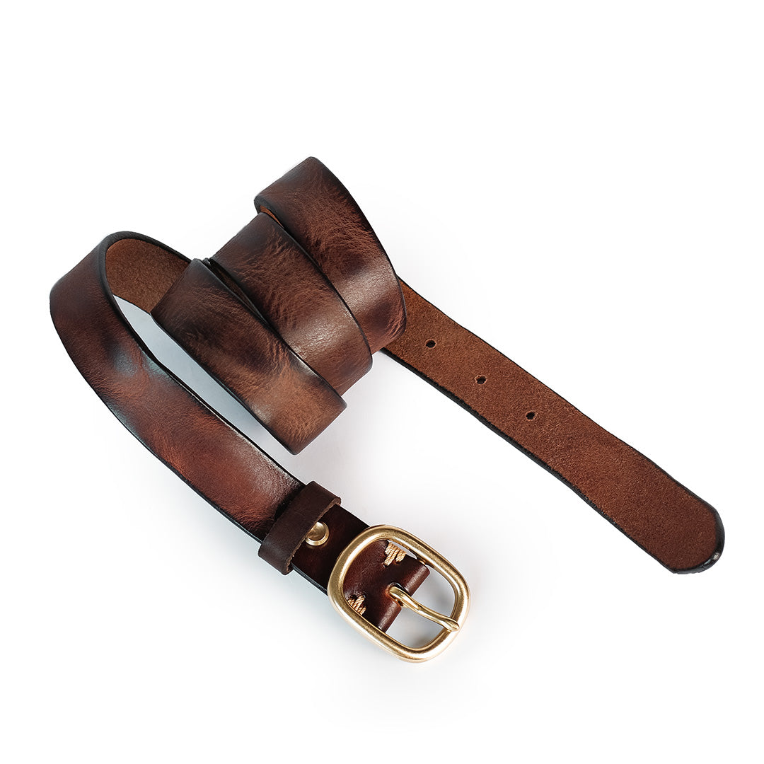 Brown leather belt with a gold buckle on a white background