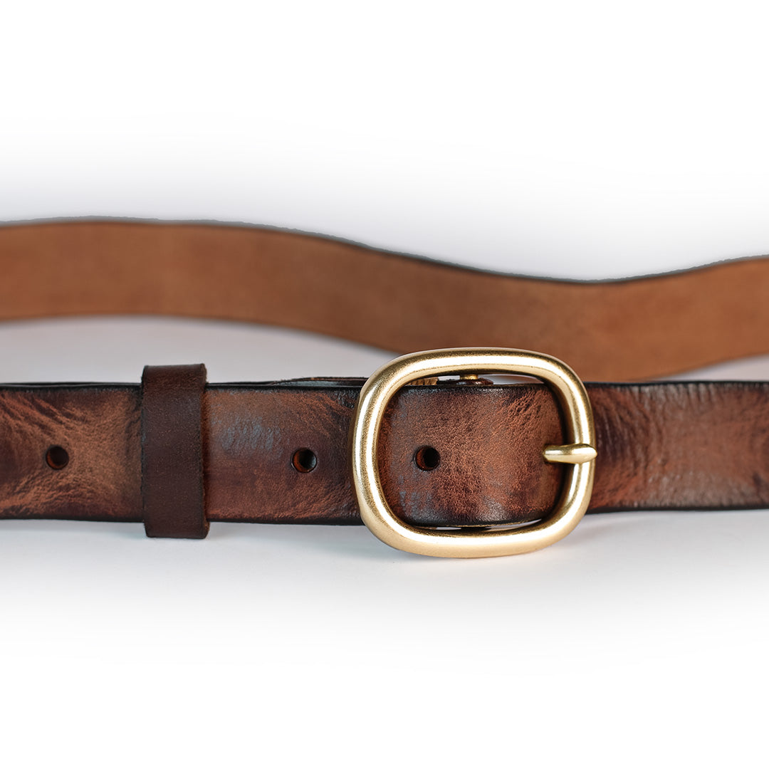 Brown leather belt with a gold buckle on a white background
