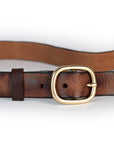 Brown leather belt with a gold buckle on a white background