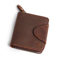 Handmade brown leather wallet with a vintage finish, featuring a sturdy zipper and compact design.
