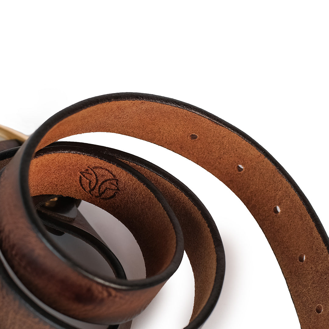 Brown leather belt with a visible brand logo on a white background