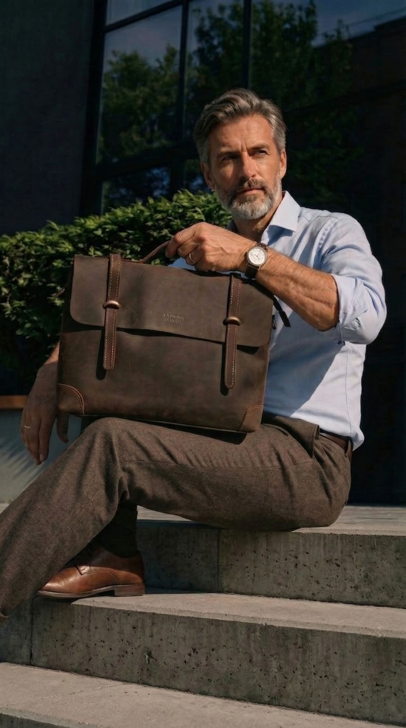 Man holding a brown leather briefcase outdoors