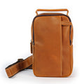 Handmade tan leather sling bag front view, compact and stylish crossbody bag for men
