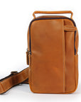Handmade tan leather sling bag front view, compact and stylish crossbody bag for men