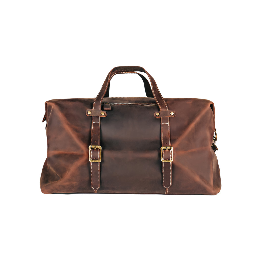 Handmade vintage travel duffle bag made of Crazy Horse leather, front view showcasing its vintage aesthetic.