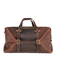 Handmade vintage travel duffle bag made of Crazy Horse leather, front view showcasing its vintage aesthetic.