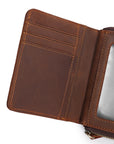 Interior view of a leather wallet with spacious compartments for cards and coins, designed for practicality.