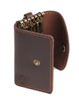 Closed view of a handcrafted Crazy Horse leather key case, highlighting its seamless stitching and rich brown color.