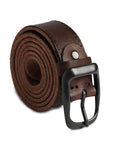 Brown leather belt neatly rolled to showcase its durable construction and vintage appeal with a matte buckle