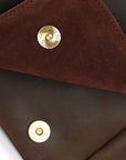 Magnetic snap closure and suede lining details on a men's brown leather satchel bag, showcasing quality craftsmanship.