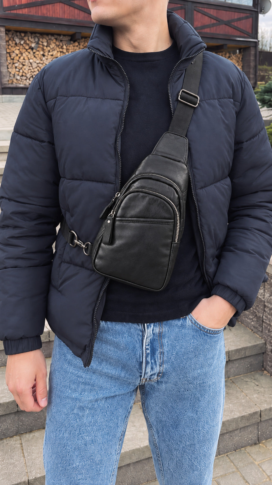 Man wearing a black crossbody sling bag with a casual jacket and jeans outdoors