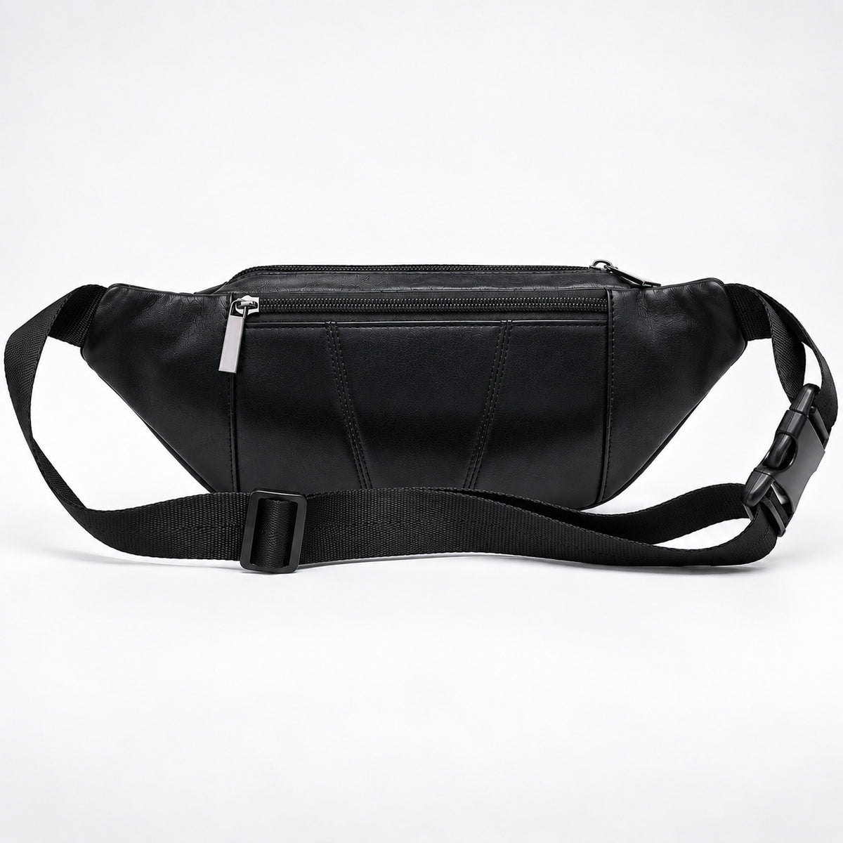 A black genuine leather waist bag with a zippered front pocket and an adjustable black webbing strap, shown against a plain white studio background.