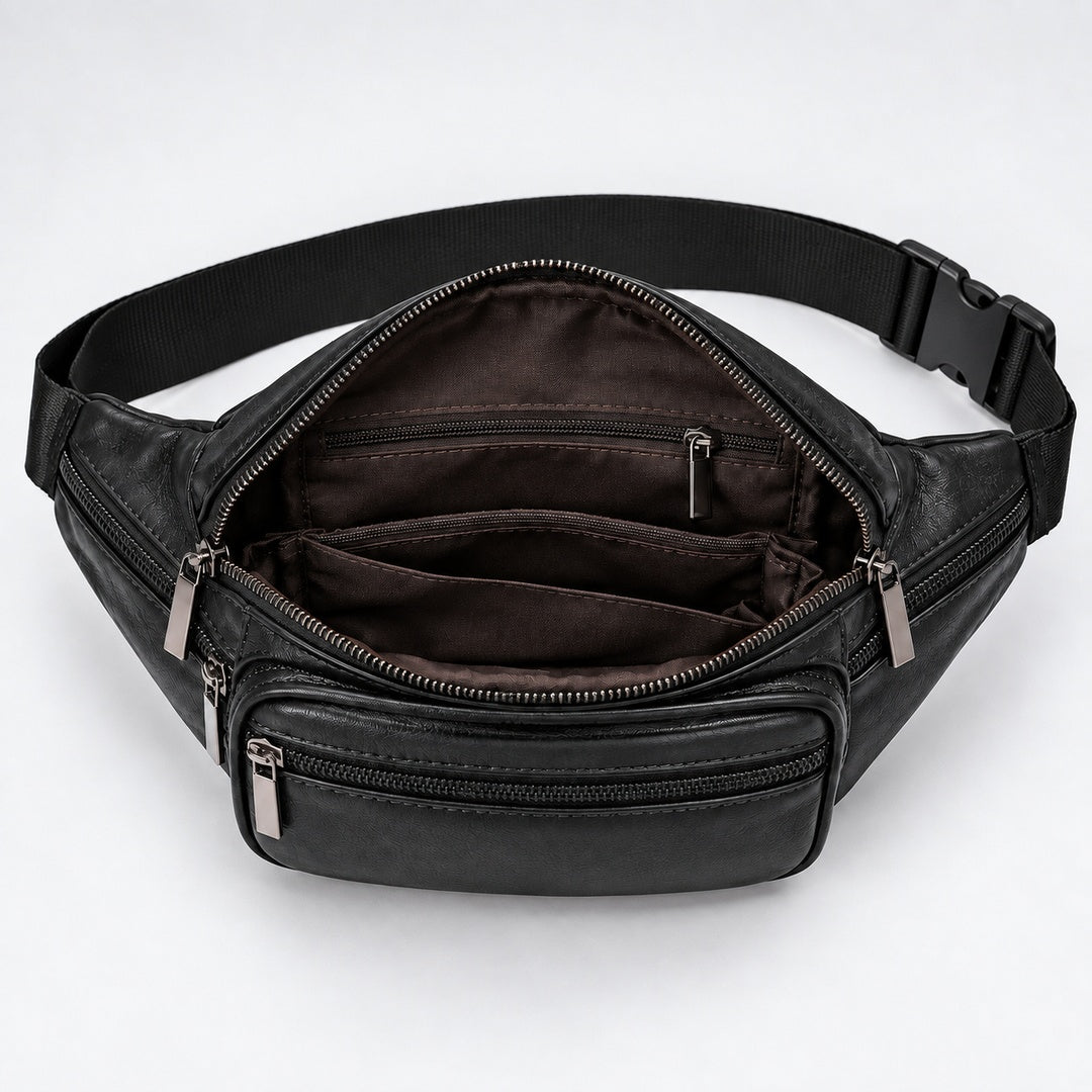 Black leather waist bag with an open front zipper, multiple interior zip pockets, and a black adjustable webbing strap with a plastic buckle, shown on a white background.