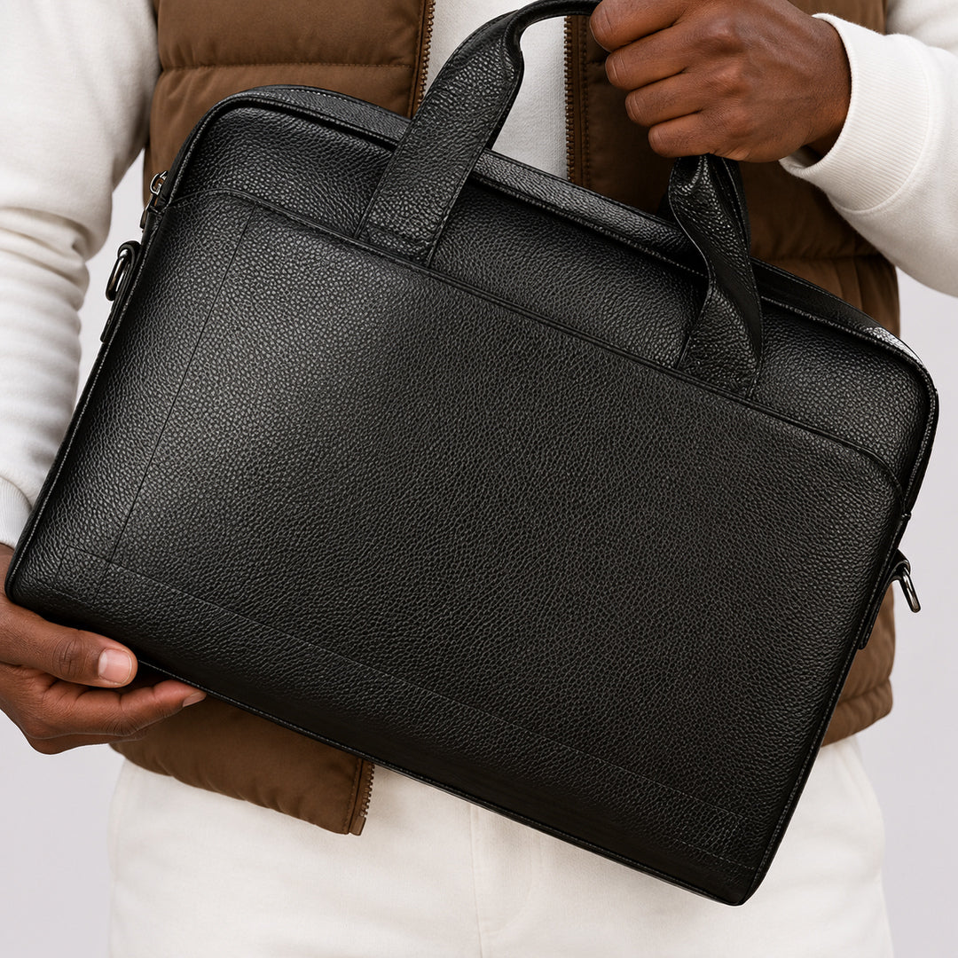 A black pebbled leather laptop briefcase with top handles, held by a person wearing a brown puffer vest and white long-sleeve shirt.