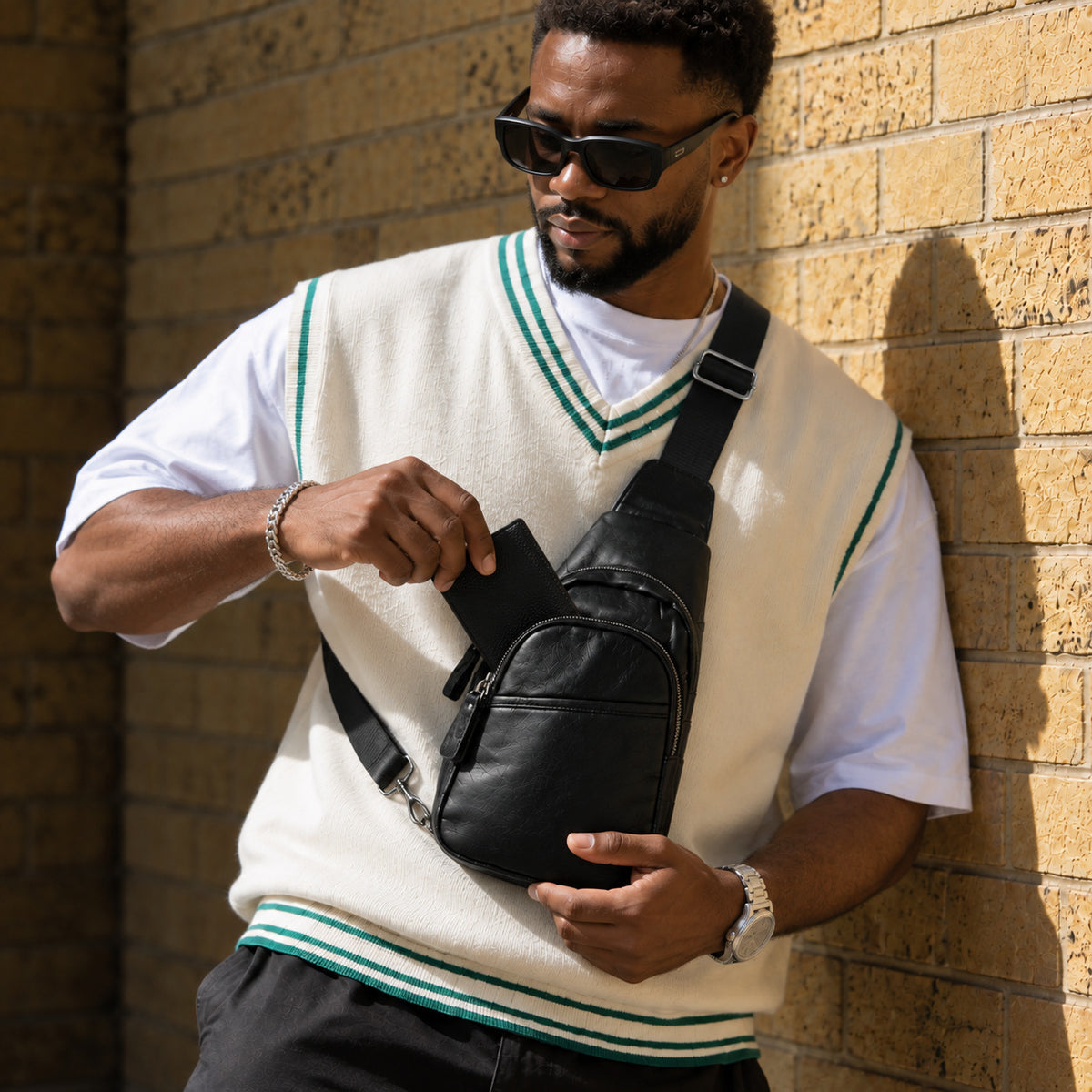 Man opening the front pocket of a black leather crossbody sling bag