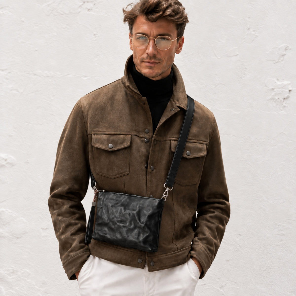 Man wearing a textured black leather crossbody bag with adjustable shoulder strap