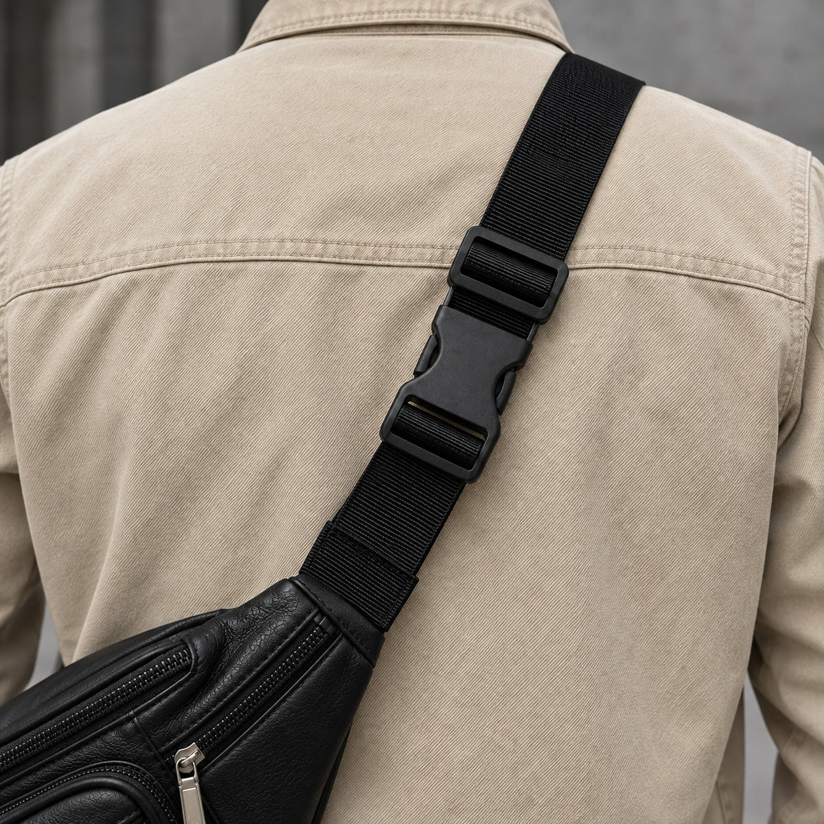 A close-up of a person wearing a beige jacket, showing a black leather crossbody bag with a wide black webbing strap and black plastic buckle.