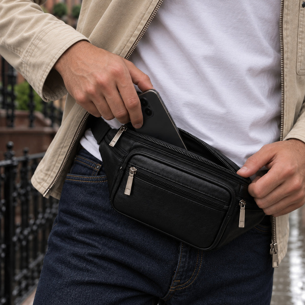 A black leather waist bag with multiple zippered compartments, shown being worn by a person in a beige jacket and blue jeans. The person is demonstrating the bag's capacity by inserting a black smartphone into its main compartment.