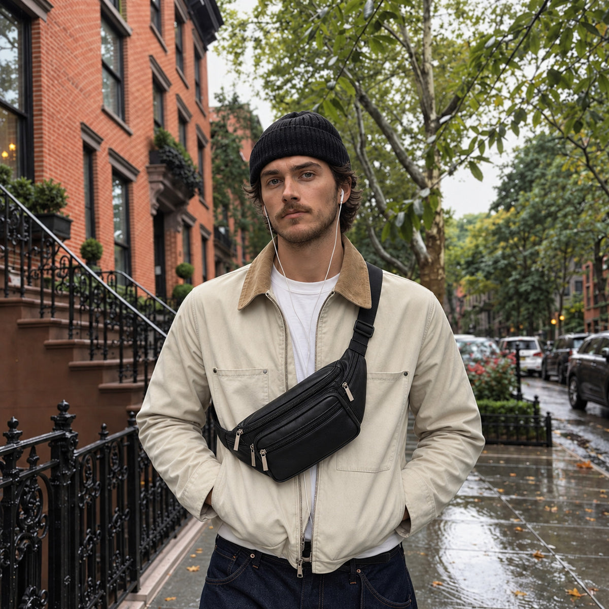 A man wearing a black beanie, cream jacket, and dark jeans stands on a wet city sidewalk wearing a black crossbody leather fanny pack. Brick townhouses and trees line the street in the background.