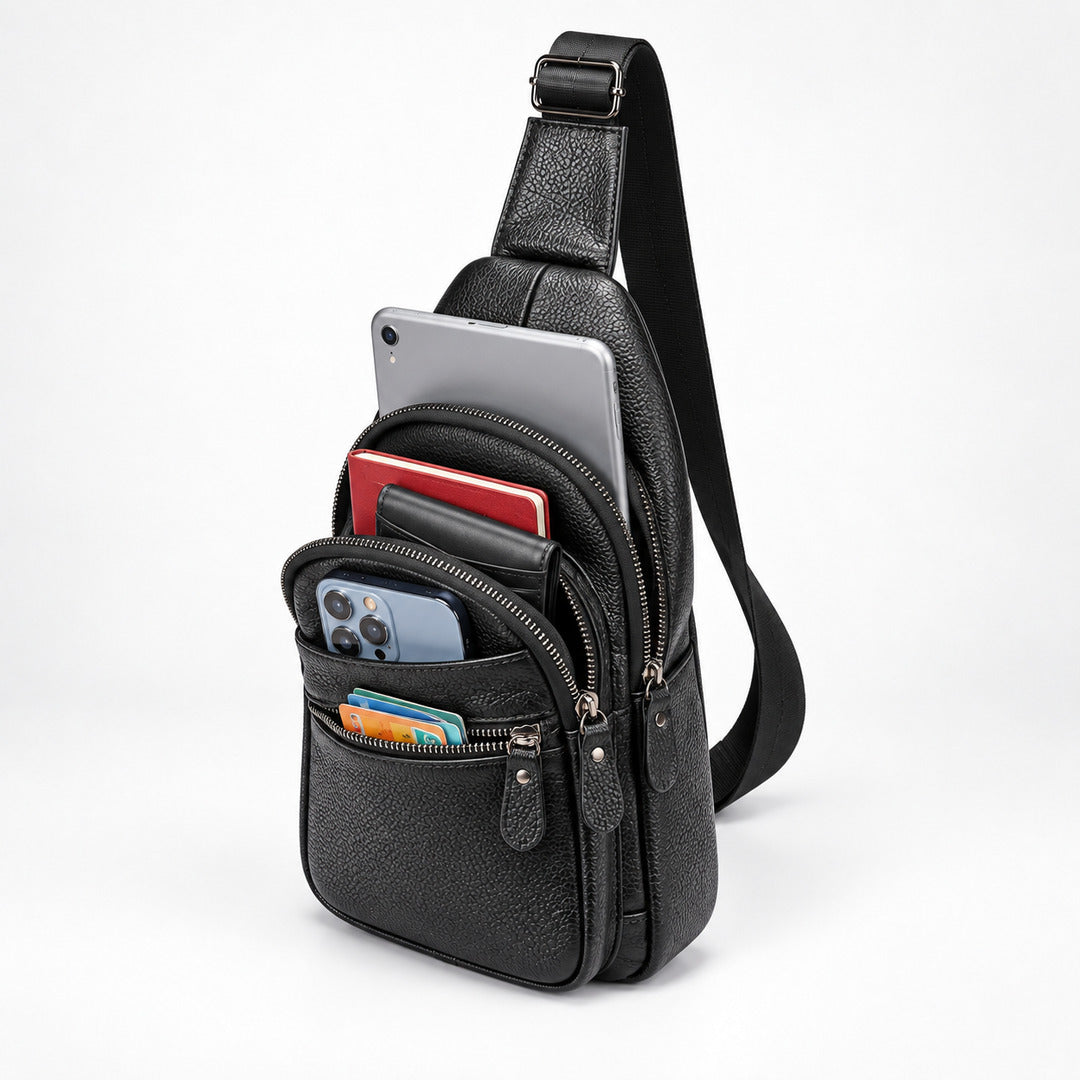 Black pebbled leather crossbody bag with a single shoulder strap, shown open with a tablet, phone, wallet, and cards inside, on a clean white studio background.