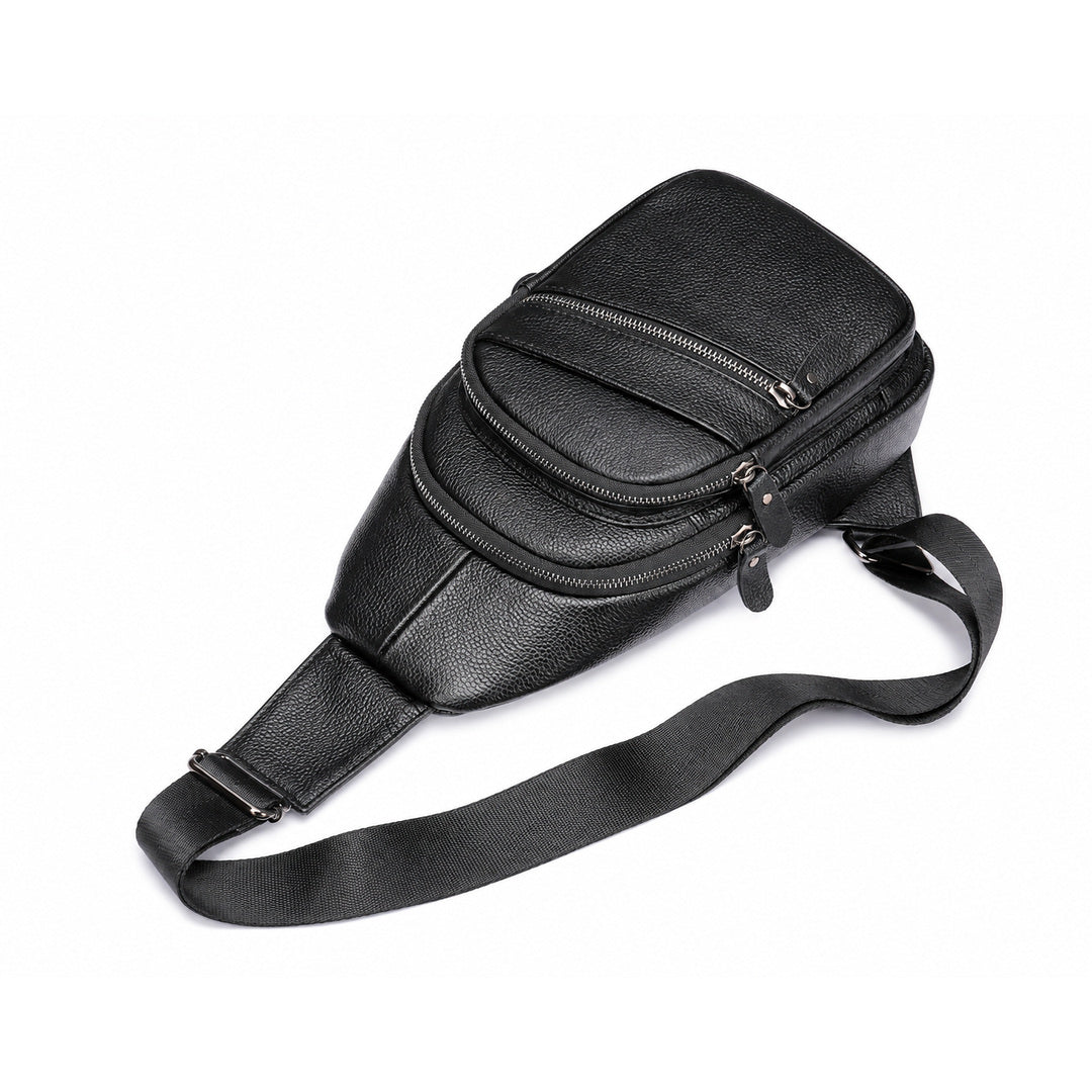 Black textured leather waist bag with a single adjustable shoulder strap, shown on a plain white background.