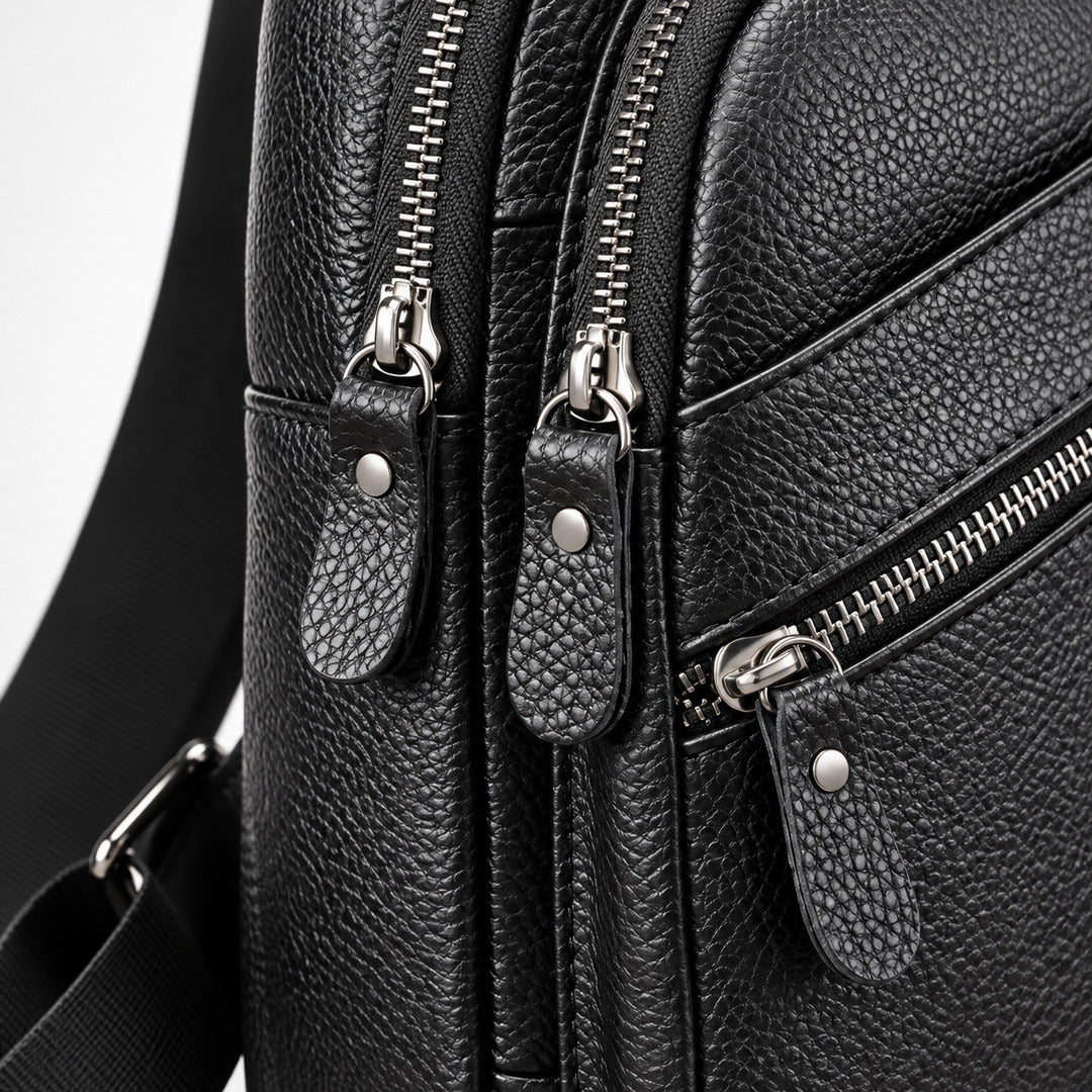 Close-up of a black pebbled leather bag with multiple zippered compartments and silver-tone hardware.