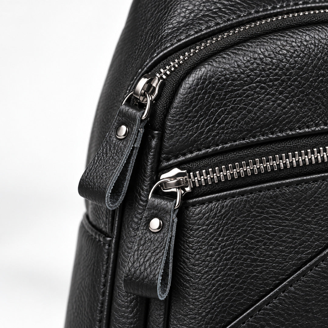 Close-up of a black pebbled leather bag showing a silver zipper with a leather pull tab and metal hardware on a light gray background.