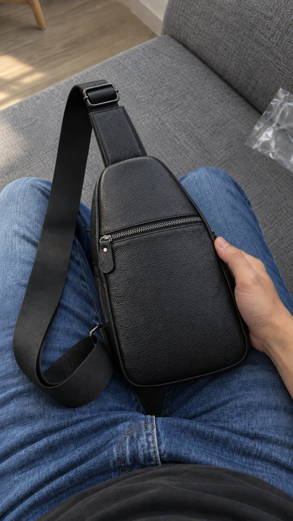 A black textured leather crossbody bag with a wide adjustable strap, held by a person sitting on a gray sofa. The person is wearing blue jeans, and a clear plastic bag is visible on the sofa next to them.