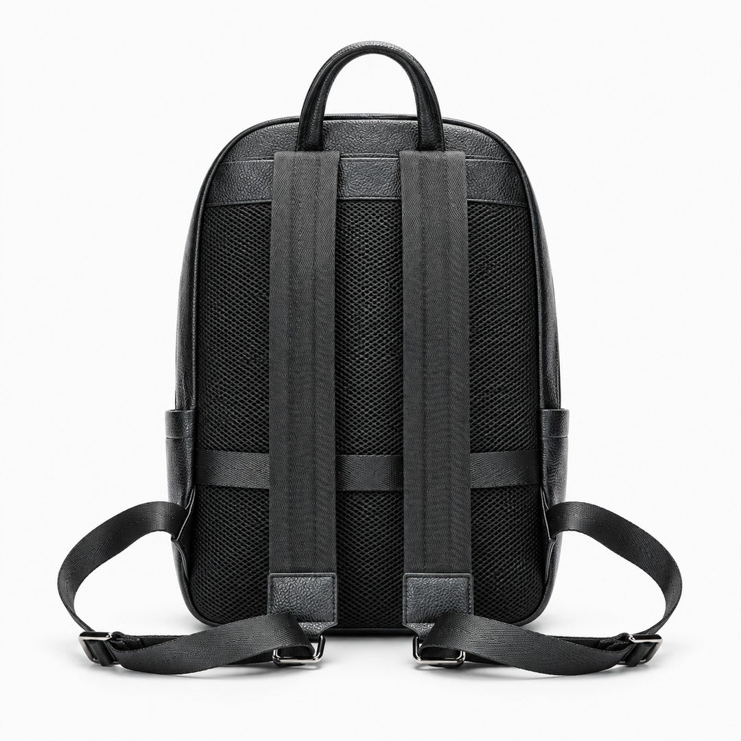 Black backpack shown from the back, featuring a textured mesh back panel, wide padded shoulder straps, and adjustable side straps on a clean white background.