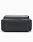 A black pebbled leather rectangular storage box or organizer with a hinged lid, shown from the front on a clean white background.