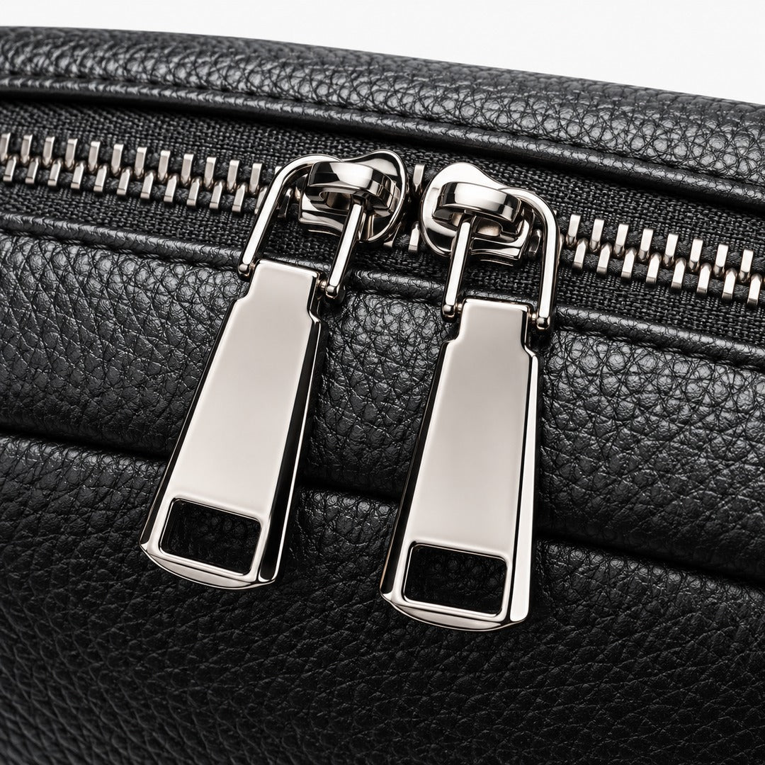 Close-up of a black pebbled leather bag with two silver metal zipper pulls and a silver zipper track.
