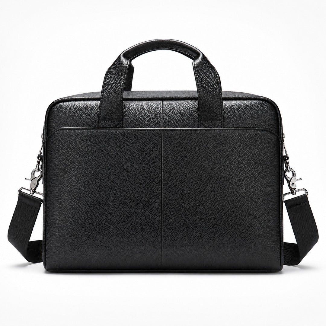 A black textured leather briefcase with dual top handles and an adjustable shoulder strap, shown against a plain white background.