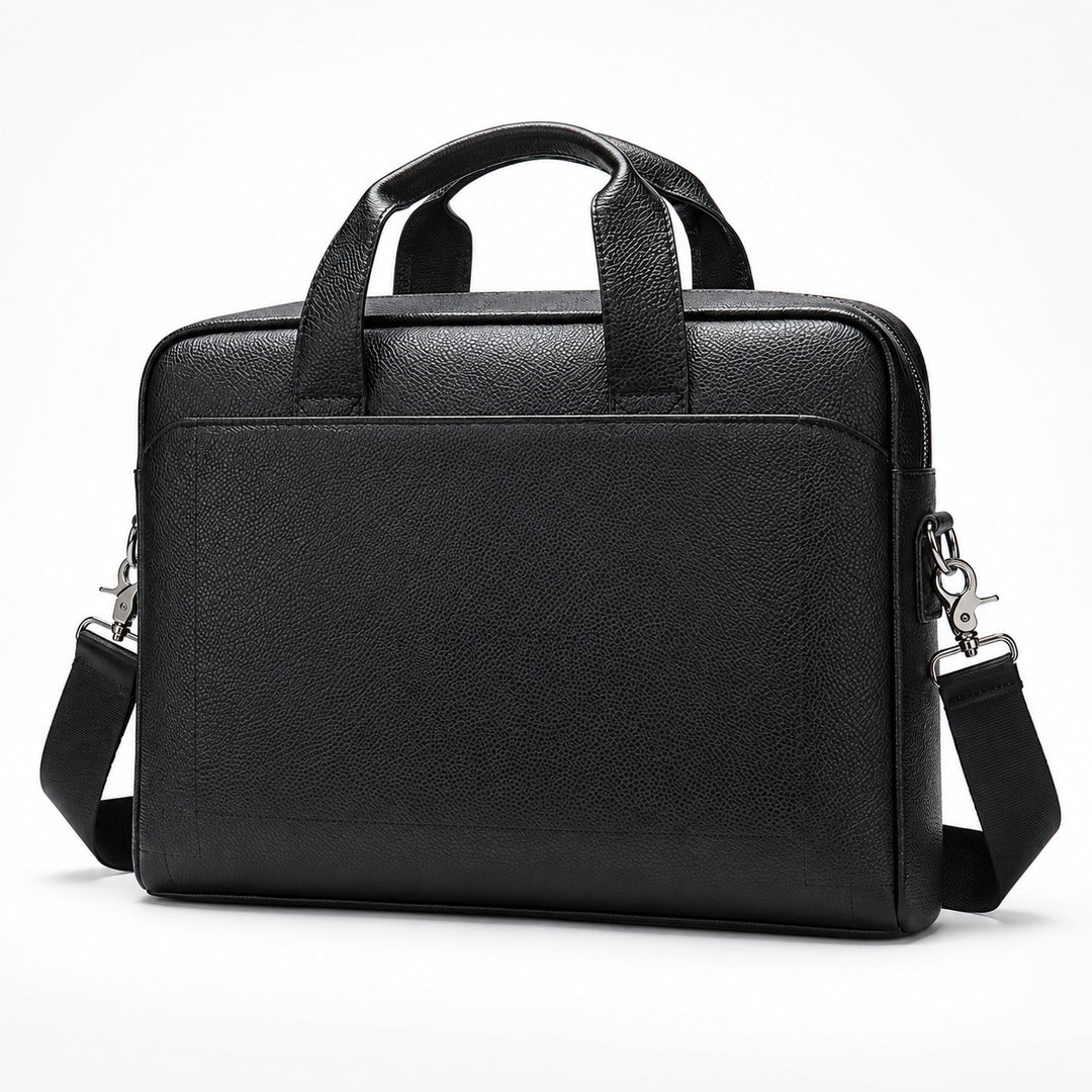 A black textured leather briefcase-style bag with dual top handles and a detachable shoulder strap, shown on a clean white background.