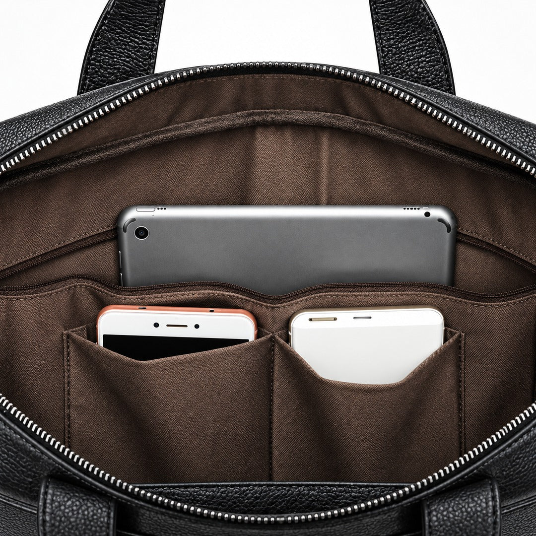 Close-up of the interior of a black textured bag showing a brown fabric organizer pocket holding a silver tablet, a white phone, and a rose gold phone.