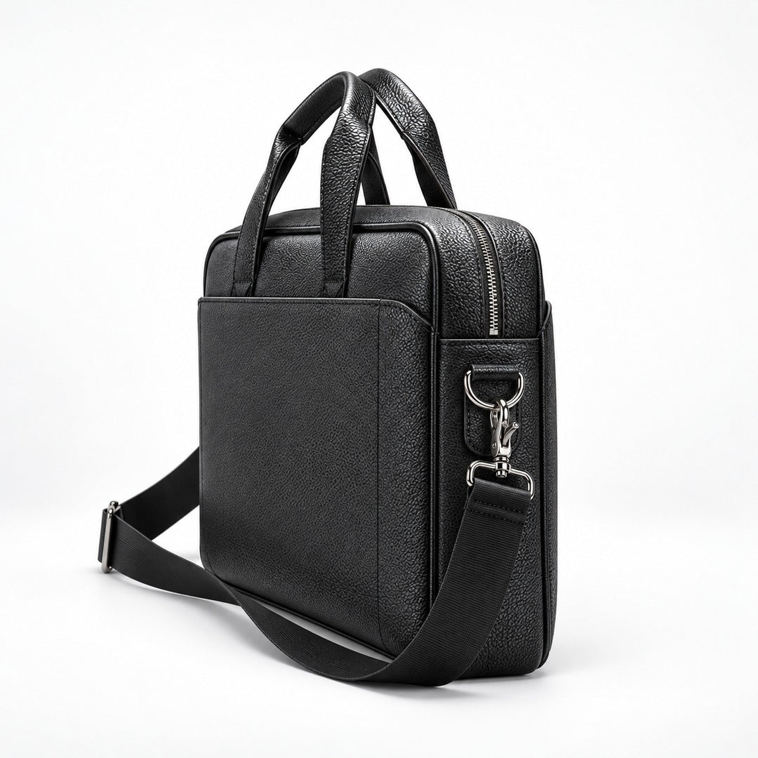 A black textured leather briefcase-style bag with dual top handles, a front slip pocket, a side zip closure, and an adjustable shoulder strap with silver-tone hardware, photographed on a clean white studio background.