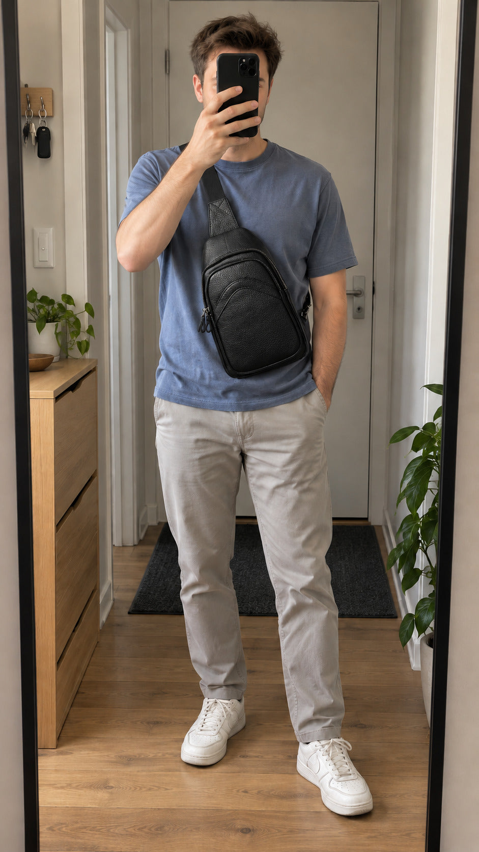 A man takes a mirror selfie wearing a light blue crewneck t-shirt, light gray trousers, white sneakers, and a black crossbody sling bag. The setting is a home hallway with a wooden floor, a light wood dresser, and green plants.