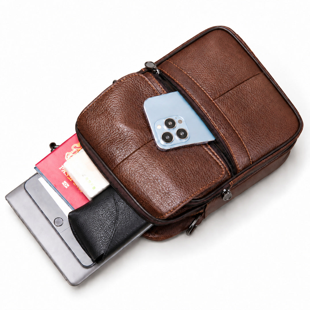 A brown textured leather crossbody bag shown open on a white background, with a light blue smartphone, a gray smartphone, cards, and a black cardholder partially visible inside.