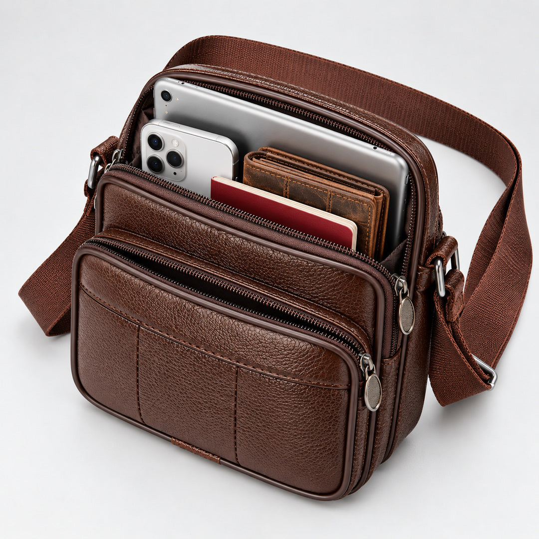 A brown textured leather crossbody bag with multiple compartments, shown open with a smartphone, wallet, and passport inside, on a light gray background.